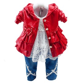 Peacolate 6M-4Y Baby Little Girls 3pcs Outfits Leather Hoodie Jacket Lace T-Shirt Denim Jeans(3-4Y,Red)