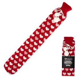 iMedic 2L Extra Long Hot Water Bottle Covered with Luxury Cover Made from Super Soft Fleece or Comfy Knit - Long Hot Water Bottle with Cover UK - Large Hot Water Bottle - Knitted Hearts Red