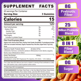 Fiber Gummies for Adults 8g (Inulin, Psyllium Husk, FOS More) with Probiotics, Green Tea Extract, Sugar Free Plant Based Fiber Supplement Blend for Digestive Health, Regularity, Non-GMO, Vegan, 120Cts