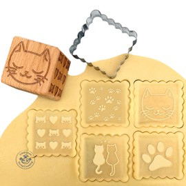 ScrapCooking 5124 Cat Wooden Baking Stamp with 1 Cookie & Cube Cookie Cutter Decoration with 5 Sides Embossed Relief