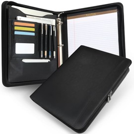 Black Faux Leather Zippered Padfolio with 3 Ring Binder, Executive Organizer Binder for Women and Men, Fits 13.9" Laptop/Tablet, Refillable Writing Pad