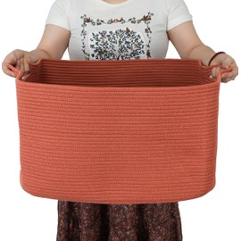 XUANGUO Large Rectangle Blankets Basket Living Room 22"x17"x12" Woven Cotton Rope Storage Basket for Nursery Toy Basket for Kids and Dogs Wicker Laundry Basket Bin for Clothes Towels rustic