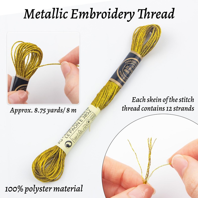 6 Skeins Embroidery Thread, 3 Colors Metallic Embroidery Floss Set,