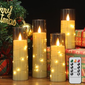 Wondise Flameless Flickering Candles with Embedded Star String Remote and Timer Battery Operated Flickering LED Candles Durable Acrylic Shell Pillar Candles for Christamas Home Decoration (4pack