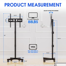 Zontera Mobile TV Stand for 23-60 Inch LCD LED OLED Flat Panel Curved Screen TVs up to 88 lbs, Tilt and Height Adjustable, Locking Rolling Wheels TV Cart, Max VESA 400x400mm, Black