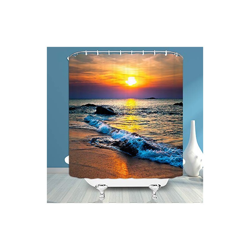Ocean Beach Shower Curtain Beach Sunrise Sunset Scene Ocean Waves