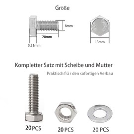 JDMA Pack of 60 M8 x 20 Stainless Steel Hexagon Screws with Nuts and Washers Hexagonal Screws Machine Screws Thread Screws DIN 933, Hexagonal Screw with Pure Thread