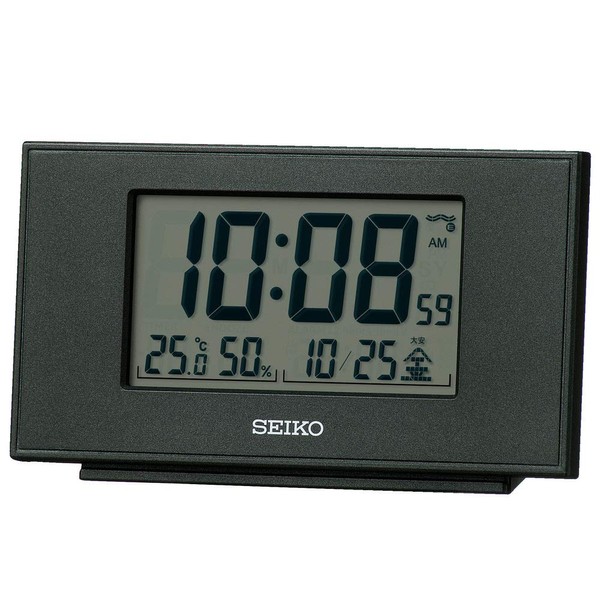 Seiko Clock Table Clock, Black Metallic, Body Size: 3.1 x 5.3 x 1.5 inches (7.8 x 13.5 x 3.8 cm), Alarm Clock, Radio Waves, Digital Calendar, Temperature, Humidity, Display SQ790K