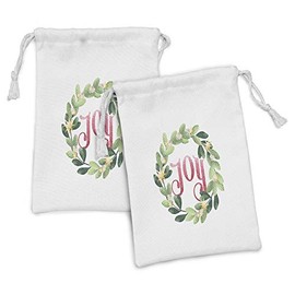 Lunarable JOY Fabric Pouch Set of 2, Circle Frame Tropical Wreath with Foliage and Star and Joy Word in the Middle, Small Drawstring Bag for Toiletries Masks and Favors, 9" x 6", Green Coral Mustard