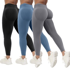 Coume 3 Pcs Womens Workout Leggings Butt Lifting Seamless Scrunch Yoga Pants Tummy Compression Medium Waist Tights(Black, Gray, Blue,Small)