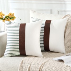 OTOSTAR Pack of 2 Faux Leather Striped Patchwork Decorative Throw Pillow Covers 18 x 18 Inch Square Cushion Cover Couch Home Modern Pillow Case for Sofa Bed Living Room Farmhouse Decor (Stripe Sage)