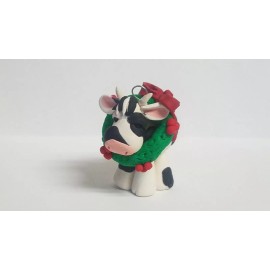 Celtic Forest Clay COW Christmas Ornament WITH HOLIDAY WREATH Polymer Clay HAND MADE White/Black