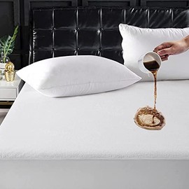 BQC 100% Waterproof Mattress Protector Terry Towel Mattress Pad Topper Extra Deep 35Cm Non-Noisy Hypoallergenic Mattress Cover (Double(140 x 193 + 35cm)) White