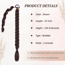 2 Packs Brown Long Braided Ponytail Extensions with Hair Ties Natural Soft Synthetic Hair Piece for Black Women Straight Wrap Around Hair Extensions Ponytail