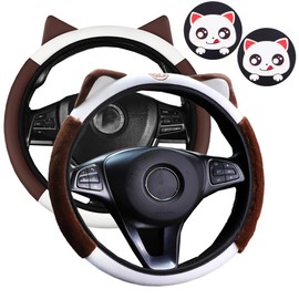 Dotesy 4 Pcs Cartoon Ears Car Steering Wheel Cover Set, Cute Steering Wheel Protector with Cat Cup Coasters, Elastic & Anti-Slip, Lovely Car Accessories for Women (Brown)
