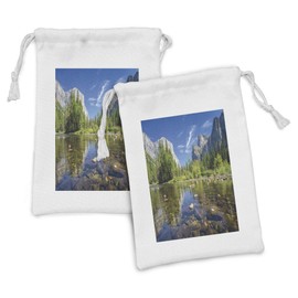 Lunarable River Rock Fabric Pouch Set of 2, Relaxing Photo from Yosemite National Park of Shallow Water Under Open Sky, Small Drawstring Bag for Toiletries Masks and Favors, 9" x 6", Multicolor
