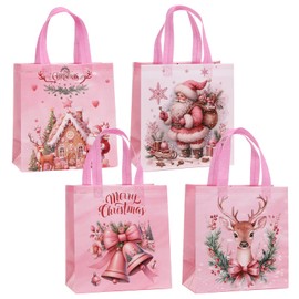 16 Pcs Christmas Gift Bags with Handles, Non-Woven Small Xmas Gift Bags Bulk in 4 Styles for Holiday Gift Wrapping, 9"x8.7"x4.3" Reusable Tote Bags for Xmas Party Favors