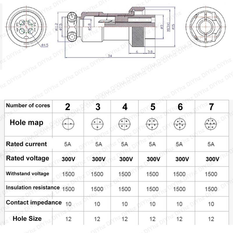 DIYhz GX12 3 Pins Panel Metal Mount Circular Metal Aviation