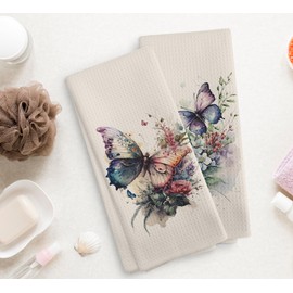 NOQL Vintage Butterfly Kitchen Towels and Dishcloths Set of 2, Butterfly Kitchen Decor, Wildflower Hand Towels, Spring Flower Drying Cloth Towels for Farmhouse Bathroom Kitchen, 16×24 Inches