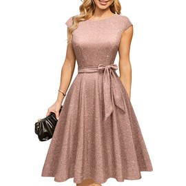DRESSTELLS Cocktail Dresses for Women Wedding Guest 2025 Sparkly Holiday Prom Party Dress, Sequin Modest Mother of Bride Midi Dress Glitter Purple Pink L