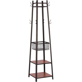 VECELO Coat Rack Freestanding,Hall Tree with Metal Basket and Storage Shelves,Industrial Coat Rack Stand with 8 Hooks for Hanging Coats/Hats/Bags/Umbrellas,18 x 18 x 72 In,Vintage Brown