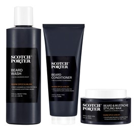 Scotch Porter Beard Grooming Trifecta – Cleanse, Condition, Style & Add Shine to Coarse, Dry Hair – Includes Full Size Wash 8 oz, Conditioner 7.1 oz & Wax 2 oz