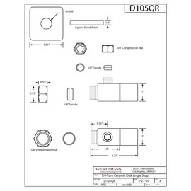 Westbrass D105QS-26 Square Handle 1/4-Turn Angle Stop 1/2" Copper x 3/8" Compression, Polished Chrome