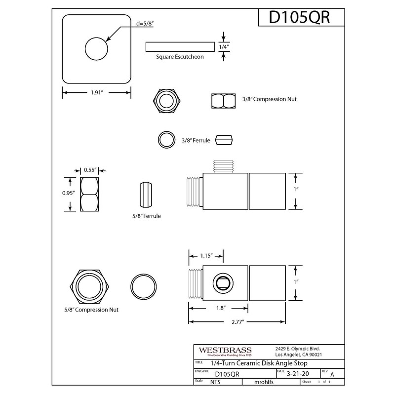 Westbrass D105QS-26 Square Handle 1/4-Turn Angle Stop 1/2" Copper x