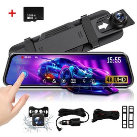 10" 4K Mirror Dash Cam Backup Camera, 1080P Full HD Smart Rearview Mirror for Cars & Trucks, Front and Rear View Dual Cameras, Night Vision, Parking Assistance, Included 32GB Card - Type: Only 32GB Card