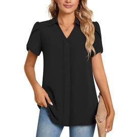 POPYOUNG Ladies Tops Chiffon Blouse Business Tunic Petal Short Sleeve Office Shirts for Work M, Black