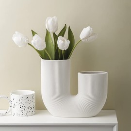 White U Shaped Vase for Flowers, Ceramic Minimalist Vase, Nordic Modern Vase for Living Room, Table, Centrepiece, Home Decor