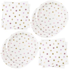 Pappteller Servietten Partygeschirr Set Punkt Bunt Tischdeko zum Geburtstag, Kindergeburtstag für 20 Gäste