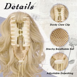 FESHFEN Ponytail Extensions, Pale Ash Blonde Claw Clip Ponytails Extension Curly Wavy Hair Piece Synthetic Pony Tail Hairpieces for Women, 10 inch