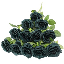 LVEFIT 12pcs Artificial Rose Flower Dark Green Rose Emerald Green Flower with Long Stem Silk Roses Bouquet for Wedding Bridal Shower Party Home Decoration