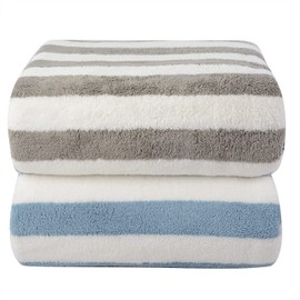 VIVOTE Microfibre Bath Towel (80 X 152 cm), Soft & Fluffy Bath Towels, Highly Absorbent Dry Quickly Bath Sheet, Striped Bath Towels Set, Large Microfibre Bath Towel for Bathroom, (2 Pack Grey+Blue)