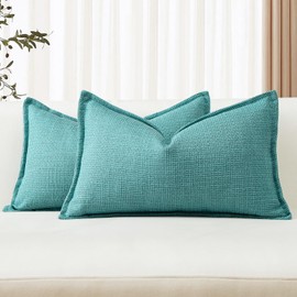 Artscope Pack of 2 Turquoise Decorative Cushion Covers 12x20 Inch Soft Linen Texture Couch Throw Pillows Farmhouse Pillow Covers with Elegant Design for Sofa Bedroom Living Room Home Decor 30 x 50 CM
