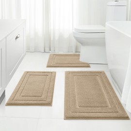 HOMEIDEAS Bathroom Rugs Sets 3 Piece, Super Soft and Absorbent Non Slip Microfiber Toilet Bath Mat with U-Shaped (Khaki)