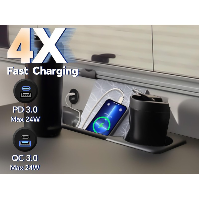 CamperXlite RV USB C Outlet 12V/24V All-aluminum QC 3.0 USB