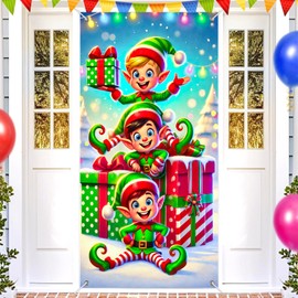 BlissYard Christmas Elf Door Banner 71x35 Inch Large Door Cover Holiday Decoration with Cute Elves Presents and Lights Winter Front Porch Hanging Backdrop with Strings for Xmas Party Entryway
