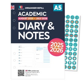Academic 2025/2026 A5 size week on one page diary & notes organiser refill insert Filofax A5 COMPATIBLE | Monthly/Weekly | English | UK holidays (Academic 25/26 Diary&Notes)