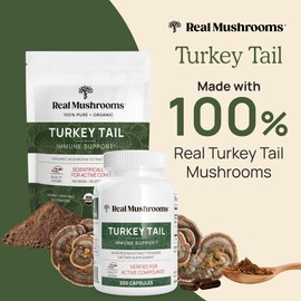 Real Mushrooms Real Mushrooms Turkey Tail Capsules - Organic Mushroom Supplement with Potent Extract for Gut, Energy, Brain, Immune Support Vegan Extract, Non-GMO, 90 Caps