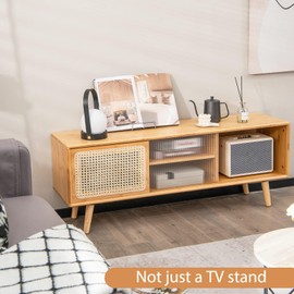 Byroce Boho TV Stand for 55 inch TV, Farmhouse Entertainment Center w/Storage & Adjustable Shelf, Rattan Media Console, Small Bamboo Cabinet for Living Room & Bedroom, BC-0624-NA-US