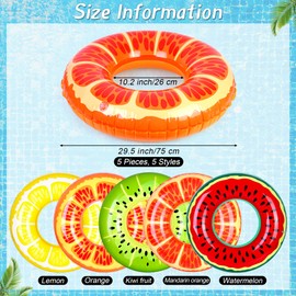Elcoho 5 Pieces Inflatable Pool Floats 29.5 Inches Swim Tubes Rings Fruits Swimming Rings Big Beach Swimming Water Toys for Summer Outdoor Party Favors