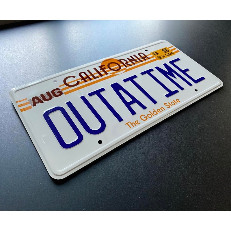OUTATIME License Plate. Made from Aluminium. Text and License plate