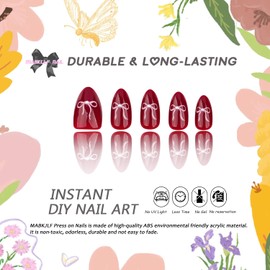 Valentines Press on Nails Short Almond MABKJLF Wine Red Fake Nails False Nails with Designs Pink Bow Pearls Glossy Glue on Nails Valentine's Day Acrylic Nails for Women Girls 24 Pcs