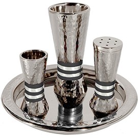 Havdallah Set Hammered Nickel Cone Shaped 4 Piece Set Designed with Black Rings