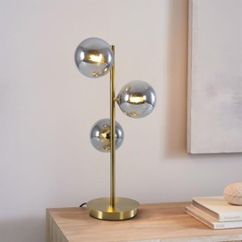 Fulesi Mid Century Globe Table Lamp Modern 3 Lights Gold Brass Desk Lamp Contemporary Smoky Grey Glass Globe Bedside Lamp for Bedroom Living Room Study Room