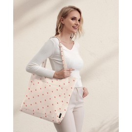 Prite Handbag Women's Tote Bag Shopper Large Shoulder Bag Cord Bag Fabric Bag for College School Work Travel Shopping, Strawberry White