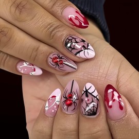 24Pcs White French Tip Halloween Press on Nails Short Almond French Tip Fake Nails Red Rhinestone Spider Acrylic Nails Ghost Red Blood Drop Artificial Nails Cute Ghost Pumpkin Stick on Nails for Women