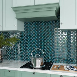 CRE8TIVE 16 Sheets Dark Green Fish Scale Peel and Stick Tile Backsplash 12"x12" 3D Mermaid Scales Stick on Backsplash for Kitchen Waterproof Glossy Wall Tile for Bathroom Back Splashes Stove Fireplace